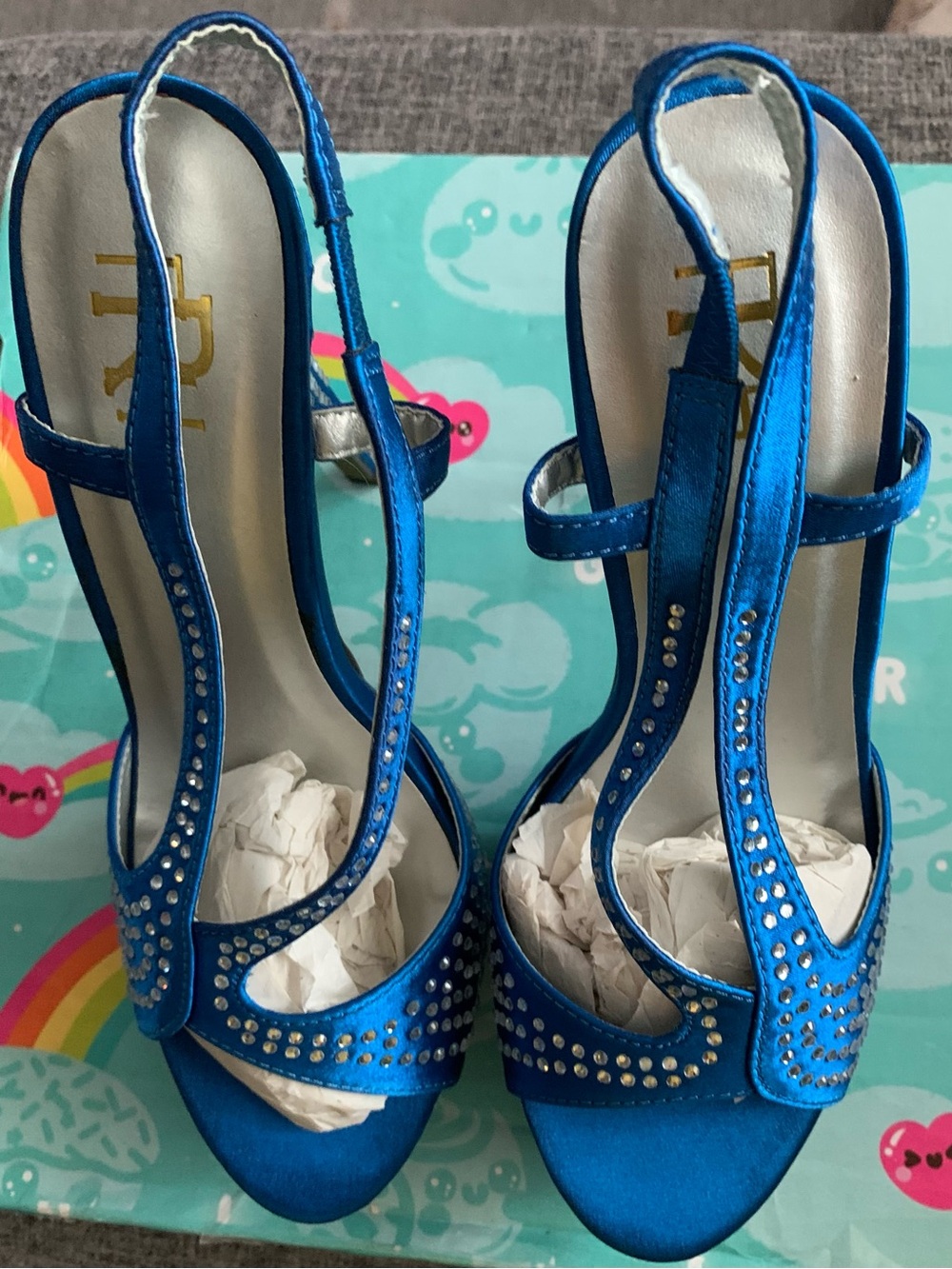 Women's Blue T-Strap Rhinestone Evening Sandals